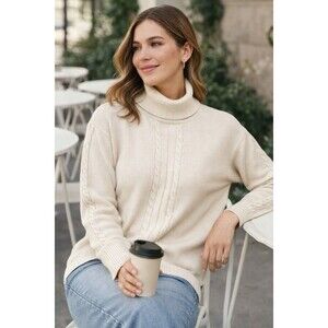 Rafaella Petites Sweater Women M Beige Turtleneck Cable Knit Merino Wool Blend